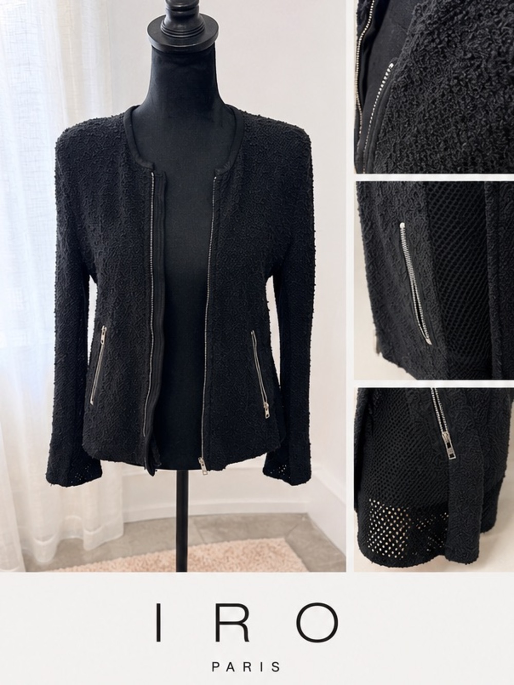 IRO Paris Black Bouclé Knit Jacket Mesh Panel Moto Zip French Designer medium